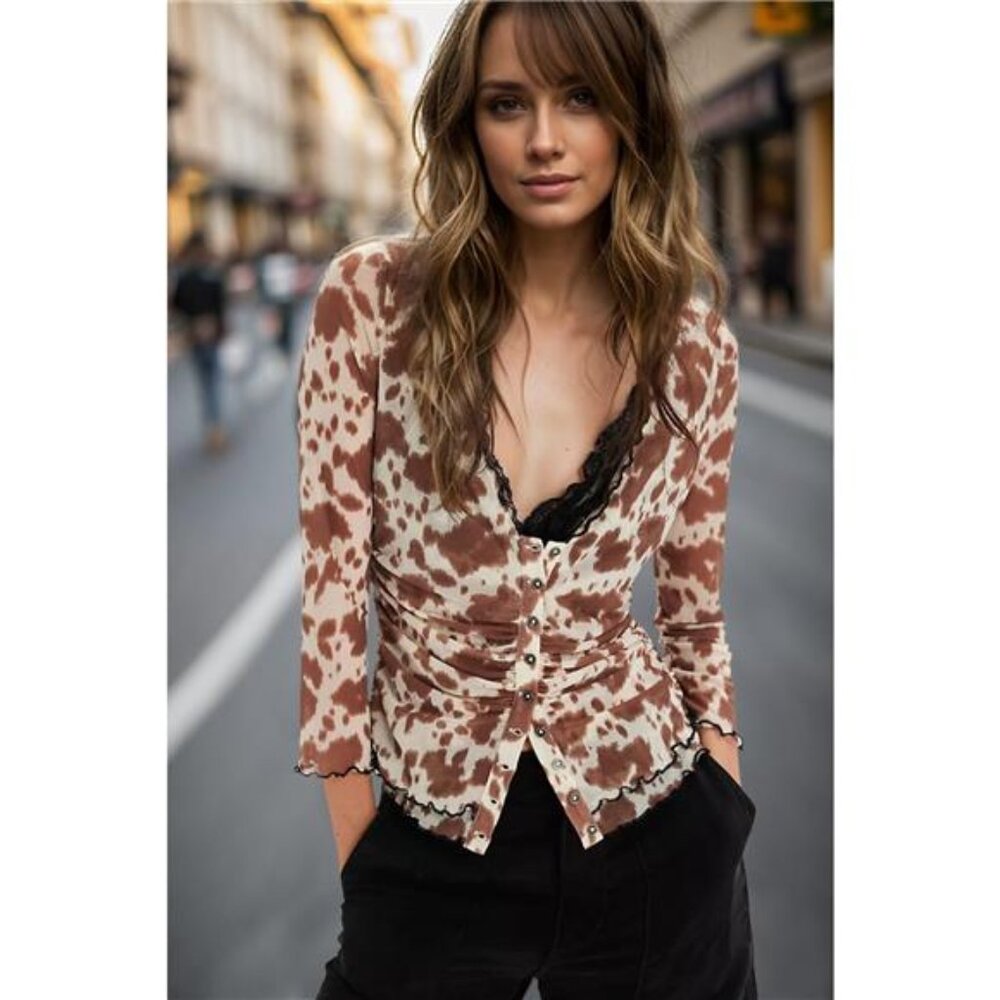 Oh Full Size Animal Print Button Down Plunge Top